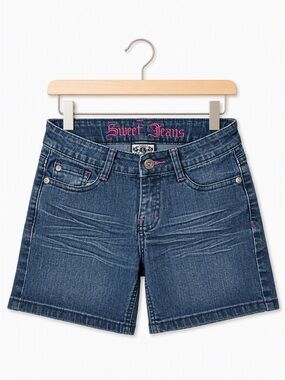 Vintage Y2K Sweet Jeans Pink Stitch Whiskered Denim Bermuda Shorts 8Y Bratz Era